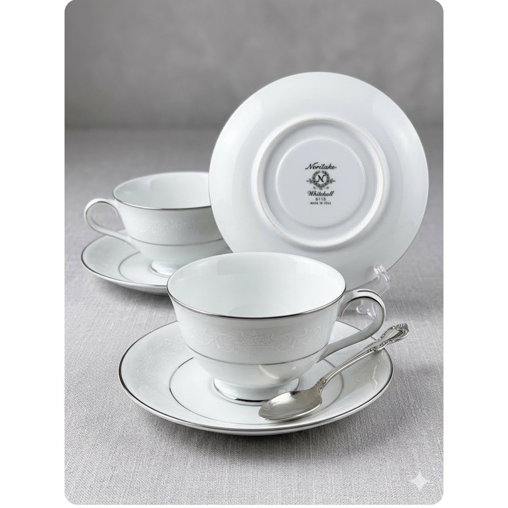 Noritake Whitehall 6115- 2 Tea Cup and Saucer Sets White Floral Platinum Trim